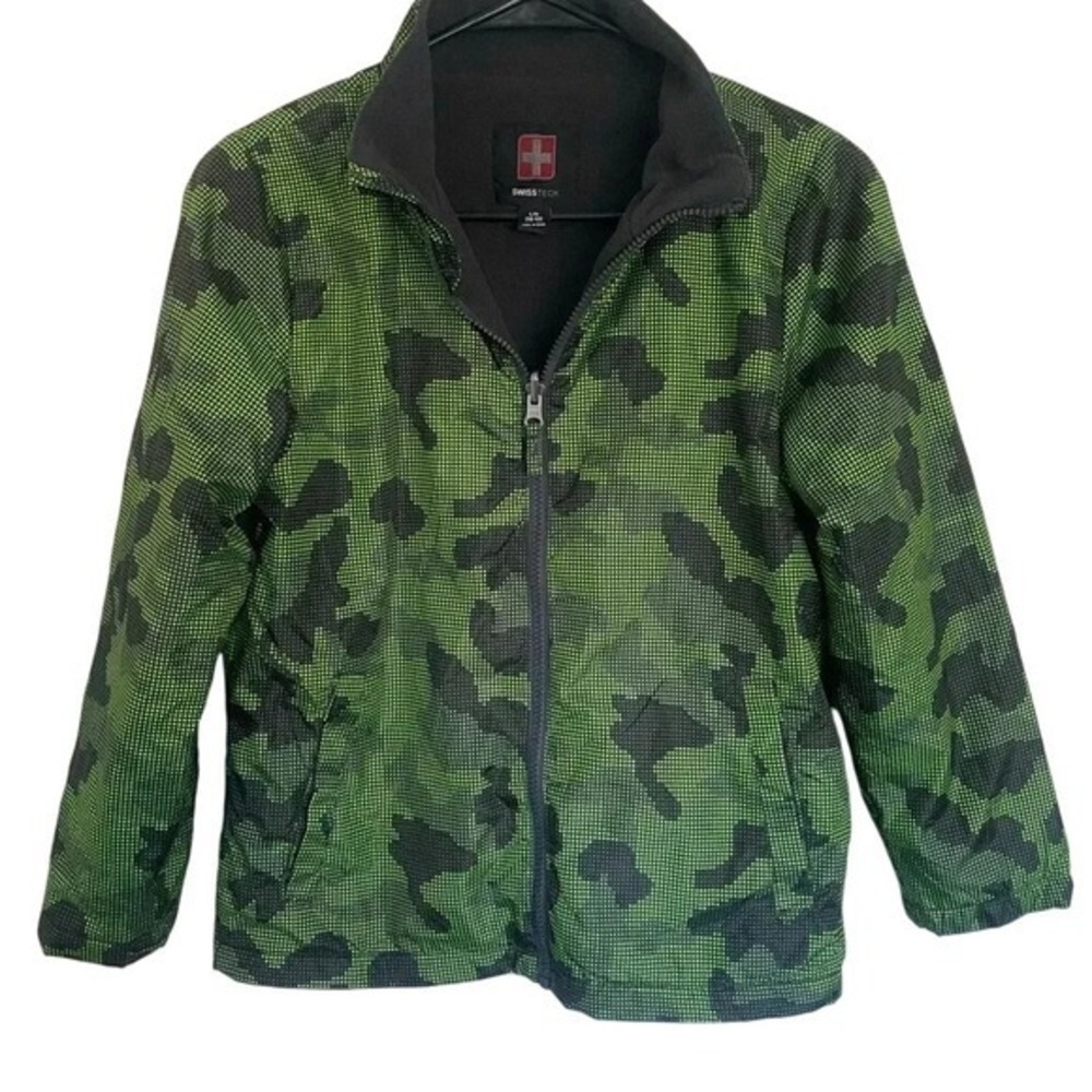 SWISS TECH Boy's Size 10 Winter Jacket Black Green Zip Fleece Lined Large EUC